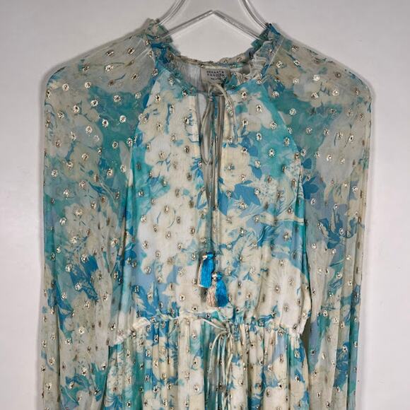 Hemant & Nandita Blue Floral Georgette Metallic Mini Dress XS Sheer *Read - Picture 4 of 11